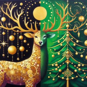 KI generierte Hirsch und Tannenbaum-Illustration im Klimt-Stil in grün und gold gehalten
