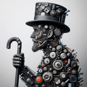 KI generierter Mann aus analogen Radioteilen mit Zylnderhut