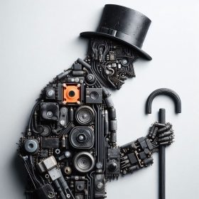 KI generierter Mann aus analogen Radioteilen mit Zylnderhut