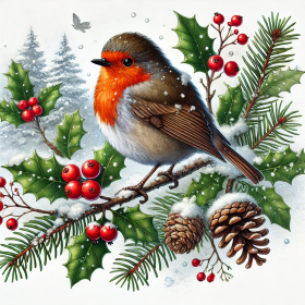 Rotkehlchen auf weihnachtlichen Zweigen mit Schnee